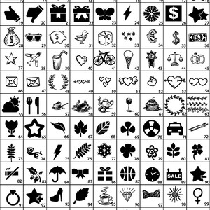 May include: A black and white grid of 117 different icons. The icons are arranged in a 13x9 grid. The icons include a variety of symbols, such as hearts, stars, flowers, animals, and objects.