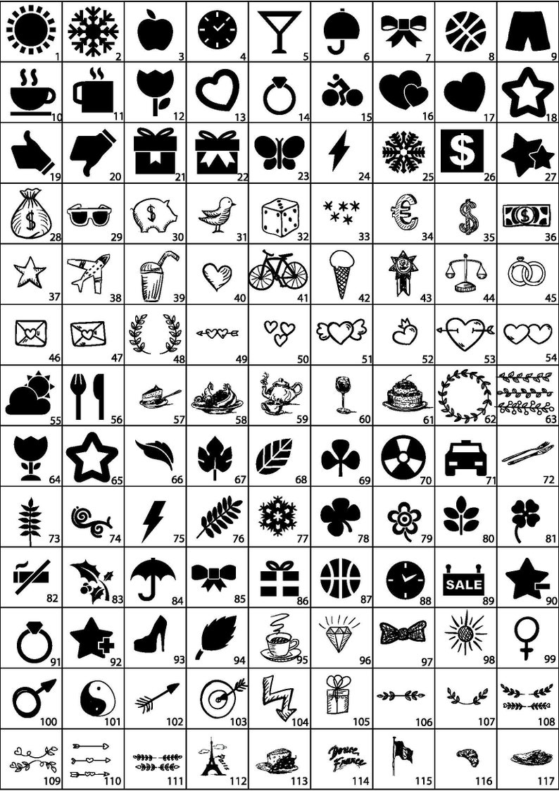 May include: A black and white grid of 117 different icons. The icons are arranged in a 13x9 grid. The icons include a variety of symbols, such as hearts, stars, flowers, animals, and objects.