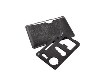 May include: A black multi-tool credit card style knife with a leather case. The tool has a variety of functions including a bottle opener, a ruler, and a screwdriver.