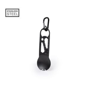 May include: Black multi-tool with a bottle opener, a ruler, and a spoon. The tool has a carabiner clip for easy attachment.
