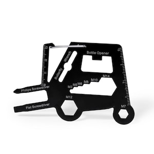 May include: Black multi-tool with a butterfly wrench, bottle opener, flat and Phillips screwdrivers, and metric wrench sizes M3, M5, M6, M8, M10, M12, M14, and M7.