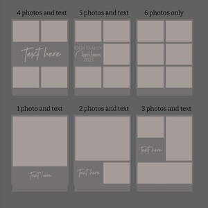 Puede incluir: Un dise&ntilde;o gr&aacute;fico que presenta seis dise&ntilde;os diferentes para collages de fotos. Cada dise&ntilde;o incluye espacios para fotos y texto, con las palabras "Text here" y "OUR FAMILY Christmas 2025" en una fuente manuscrita.
