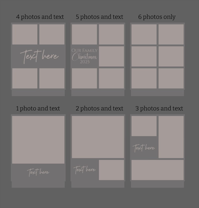 Puede incluir: Un dise&ntilde;o gr&aacute;fico que presenta seis dise&ntilde;os diferentes para collages de fotos. Cada dise&ntilde;o incluye espacios para fotos y texto, con las palabras "Text here" y "OUR FAMILY Christmas 2025" en una fuente manuscrita.