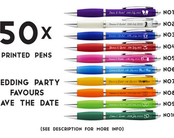 50 x Pens Printed Wedding Gifts, Favours, Save the Date white barrel muti colour  Wedding favour personalised printed pens Guest book Sign