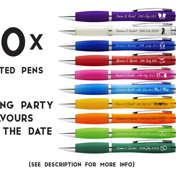 50 x Pens Printed Wedding Gifts, Favours, Save the Date white barrel muti colour  Wedding favour personalised printed pens Guest book Sign