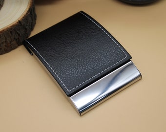 Elegant business card holder with metal frame and PU leather cover personalised