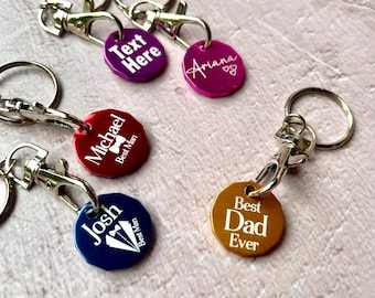 Personalised coloured metal trolley coin, pound shape coin, trolley coin keyring engraved with any name logo text, custom logo