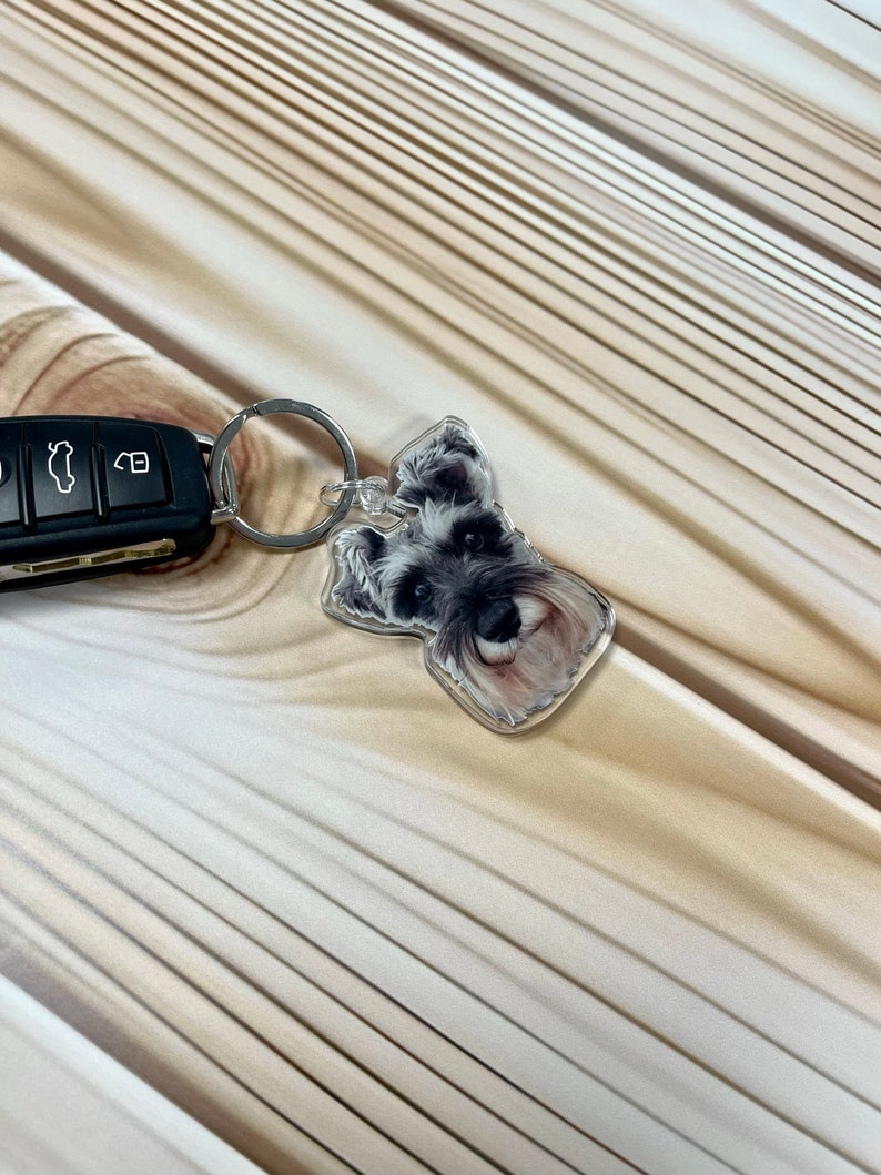 May include: A silver key chain with a clear plastic charm featuring a black and white miniature schnauzer dog.