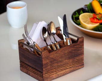 Besteckkasten aus Holz mit Metall Griff: Rustikaler Küchen Utensilien Organizer