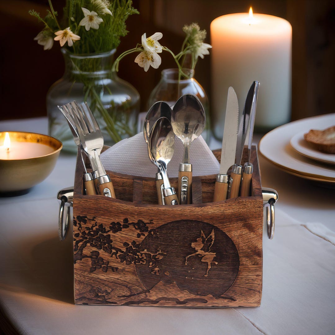 Wooden Cutlery Caddy With Metal Handle: Rustic Kitchen Utensil ...