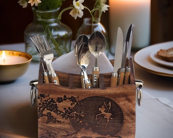 Besteckkasten aus Holz mit Metall Griff: Rustikaler Küchen Utensilien Organizer