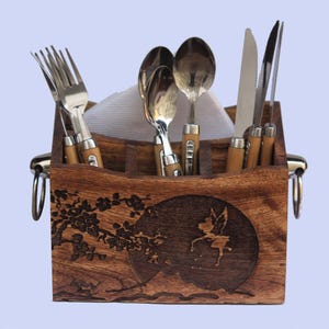 Wooden Cutlery Caddy with Metal Handle: Kitchen Utensil Organizer