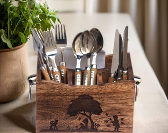 Wooden Cutlery Caddy with Metal Handle: Kitchen Utensil Organizer