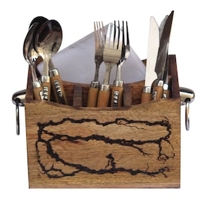 Premium Wooden Cutlery Caddy with Artistic Metal Handle, Spoon Stand & Utensil Holder for Kitchen an Dining Table
