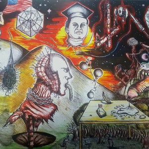 May include: A surreal, colorful drawing with multiple figures and symbols. A man with a graduation cap is in the upper right corner. A figure with a long tongue is in the center. A tree with a tombstone is in the lower left corner. The drawing is done in a variety of colors, including red, blue, green, and yellow.