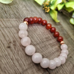 Rose Quartz Red Agate Beaded Stretch Bracelet, Light Pink Calming Gemstone Bracelet for Women, Gift for Her