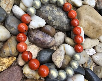 Red Jasper Beaded Stretch Bracelet: Gold Czech Glass, Handmade Jewelry
