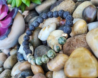 Jasper Beaded Stretch Bracelet, Lava Stone Bracelet, Gemstone Jewelry, Organic Inspired Jewelry