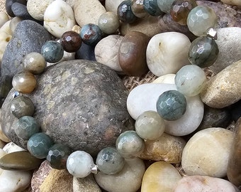Moss Agate Bead Bracelet: Earth Tone Gemstone, Boho Style