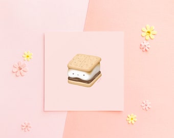 S'more Cute Illustration 5x5" Square Art Print, Kawaii Wall Art Room Decor