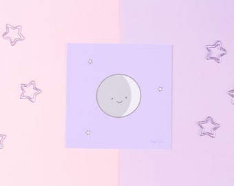 Lunie the Moon Cute Illustration 5x5" Square Art Print. Wall Art Room Decor for Home, Studio, Office, Bedroom, Kids Room, Nursery & More!
