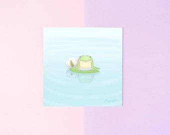 Teeny Frog 5x5" Cute Illustration Square Art Print, Cute Frog Decor, Kawaii Wall Art