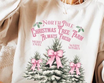 Christmas Tree Bow Sweatshirt, North Pole Xmas Shirt for Women, Pink Coquette Holiday Tree Gift, Girlie Girl Merry Farm Youth Kid Sweater