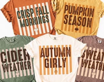 Camiseta de otoño a rayas Camiseta de otoño para chicas Camiseta de temporada de calabazas a rayas Camiseta para clima cálido Camiseta acogedora de otoño Regalo de otoño de moda Comfort Colors®