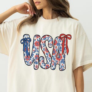 Coquette USA Shirt, 4th of July TShirt Women, Stars Stripes USA Flag T-Shirt, Bow Floral Patriotic Gift, Red White Blue Tee Comfort Colors®