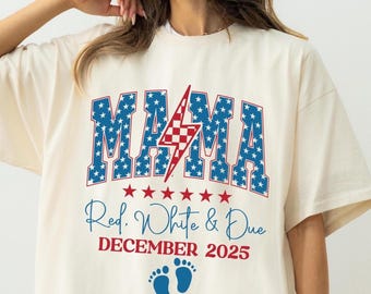 Custom Pregnancy 4th of July Shirt Red White and Due American Mama Pregnancy Announcement Tee Personalized Reveal T-Shirt Comfort Colors®