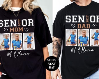 Custom Senior Volleyball Mom Dad Shirt Custom Photo Player Number Tee Senior Night Mama Dada Shirt School Team Senior 2027 Personalized Gift