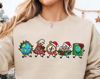Geography Teacher Christmas Sweatshirt Doodle Social Studies Teacher Shirt Geographer Gift Geology T-Shirt Educators Holiday Group Tee