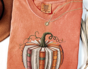 Fall Book Pumpkin Shirt, Reading Autumn Sweatshirt, Librarian Teacher Gift, Retro Halloween Sweater, Cozy Book Lover Tee Comfort Colors®