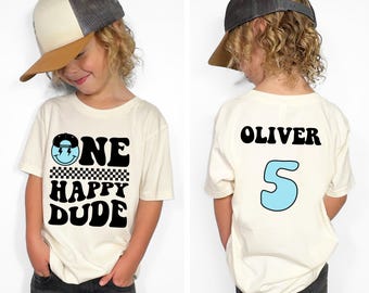 Personalized One Happy Dude Birthday Shirt, Custom Birthday Boy TShirt, Son Grandson Two Three Four Gift Retro Groovy Checkered Party Outfit