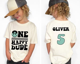 Personalized One Happy Dude Birthday Shirt, Custom Birthday Boy TShirt, Son Grandson Two Three Four Gift Retro Groovy Checkered Party Outfit
