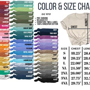May include: Color and size chart for t-shirts with a variety of colors and sizes. The chart shows the chest and length measurements in inches for sizes S, M, L, XL, 2XL, 3XL, and 4XL. The text on the chart says "Pre-shrunk, Relaxed Fit, Signature Twill Label, 100% Ringspun Cotton."