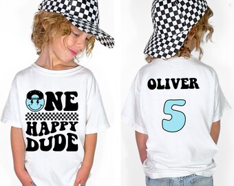 Personalized One Happy Dude Birthday Shirt, Custom Birthday Boy TShirt, Son Grandson Two Three Four Gift Retro Groovy Checkered Party Outfit