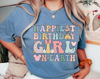 Birthday Girl Crew Shirt, Magical Happiest Place Cute Mouse Ear Comfort Colorful Tee, Custom Best Ever BDAY Gift for Her, Pastel Squad Party