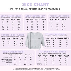 The image is a size chart for long sleeves and sweatshirts, providing measurements and corresponding sizes for different age groups and genders.
