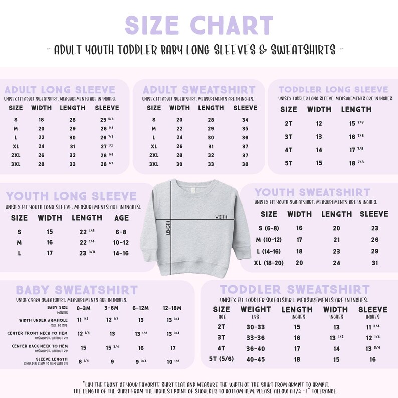 The image is a size chart for long sleeves and sweatshirts, providing measurements and corresponding sizes for different age groups and genders.