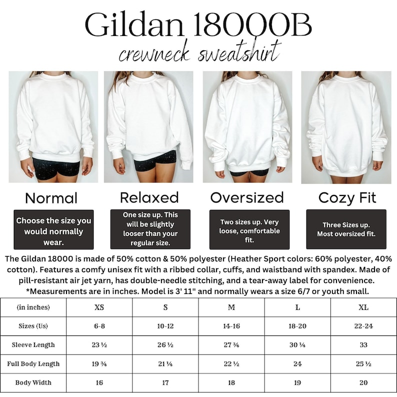 May include: A size chart for Gildan 18000B crewneck sweatshirts. The chart shows the measurements in inches for different sizes: XS, S, M, L, and XL. The chart also includes information about the fit of each size, such as 'Normal', 'Relaxed', 'Oversized', and 'Cozy Fit'.
