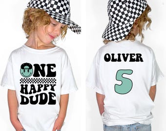 Personalized One Happy Dude Birthday Shirt, Custom Birthday Boy TShirt, Son Grandson Two Three Four Gift Retro Groovy Checkered Party Outfit