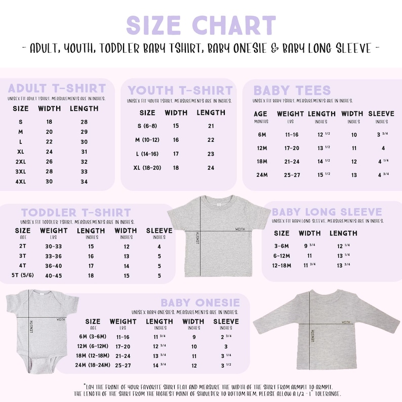 The image is a size chart that provides measurements and sizes for various types of clothing, including adult, youth, toddler, and baby items.