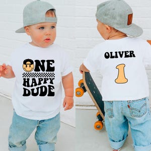 Personalisierte ein glücklicher Dude-Geburtstags-T-Shirt, Geburtstags-Jungen-T-Shirt, Sohn-Enkel-Zwei-Drei-Viergeschenk-Retro- Groovy kariertes Party-Outfit