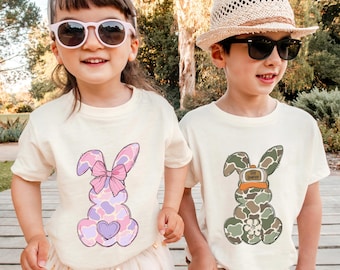 Matching Easter Shirts for Siblings, Toddler Bunny Daughter Son Cousin Crew Girl Boy TShirt Kid, Pastel Camo Egg Hunter Brother Sister Gift
