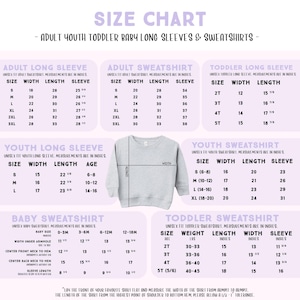 The image is a size chart for long sleeves and sweatshirts, providing measurements and corresponding sizes for different age groups and genders.