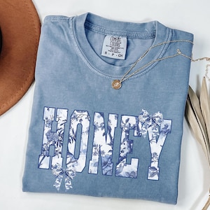 Honey Shirt, Blue Ribbon Toile Chinoiserie T-Shirt, Gift For Coquette Bow Tee, Floral Wildflowers Honey Cottagecore TShirt Comfort Colors®