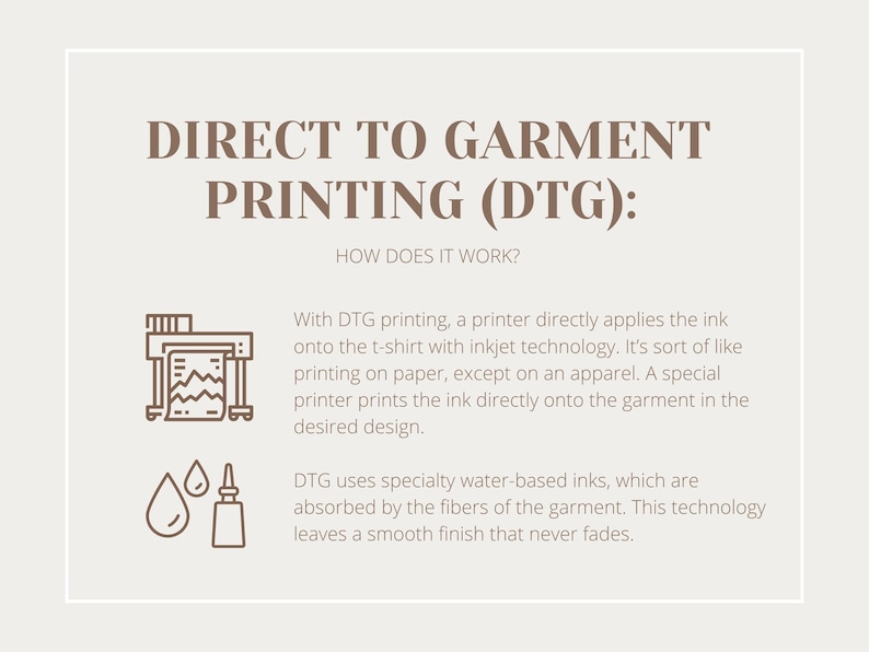 May include: Illustration explaining Direct to Garment (DTG) printing. A printer directly applies ink onto a t-shirt using inkjet technology. DTG uses specialty water-based inks that are absorbed by the fibers of the garment, leaving a smooth finish that never fades.