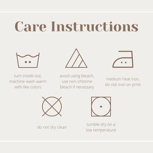 May include: Care instructions for a garment. The instructions include washing, drying, ironing, and dry cleaning. The symbols are in a brown outline.
