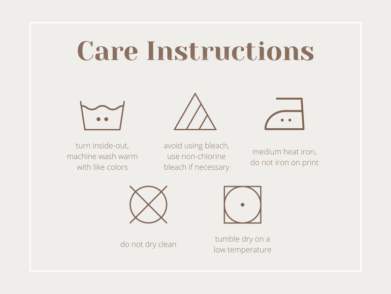May include: Care instructions for a garment. The instructions include washing, drying, ironing, and dry cleaning. The symbols are in a brown outline.